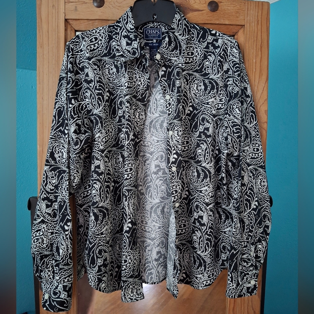 Chaps Classics Petites Black & White Paisley Women PL No Iron Soft Cotton Blouse - Picture 6 of 7
